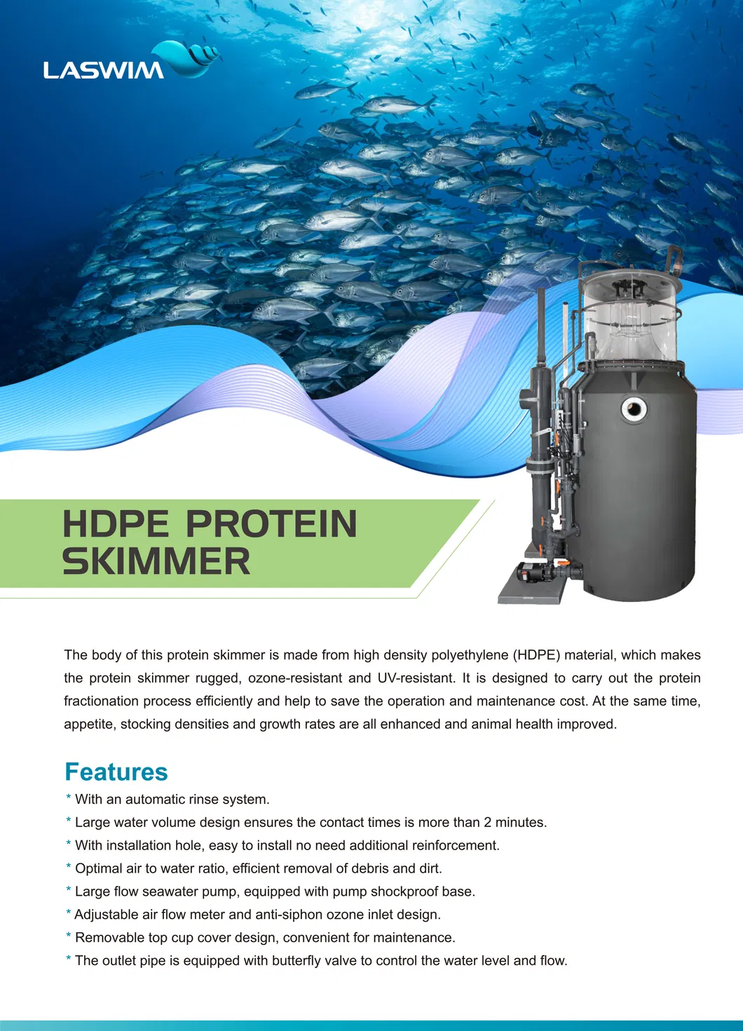 HDPE Material Protein Skimmer for Ras, Indoor Fish Farming Indusrtrial Machine